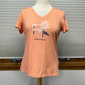 Life Is Good Peach Adirondack Chair Classic Fit V-Neck T-Shirt Size Small